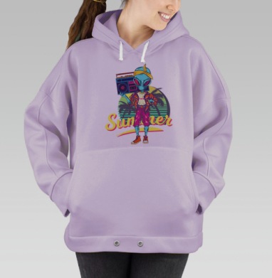 Яркий инопланетянин с бумбоксом и надписью OUT OF R, Hoodie Oversize Fiolet