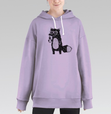 Стилизованный лис с чашкой кофе в очках, Hoodie Long Oversize Fiolet