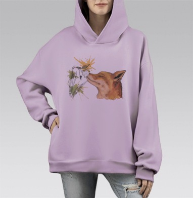 Акварельный принт с лисой и цветком, Hoodie Mono Fiolet, оверсайз, утепленная