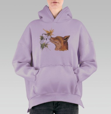 Акварельный принт с лисой и цветком, Hoodie Oversize Fiolet, утепленная