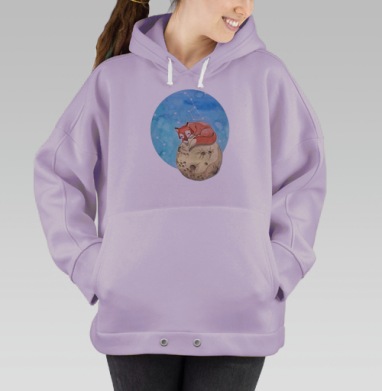 Спящий рыжий лисёнок на луне среди звёзд, Hoodie Oversize Fiolet