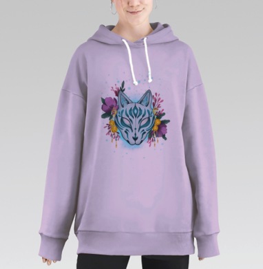 Мистическая лисья маска с цветами и колокольчиками, Hoodie Long Oversize Fiolet