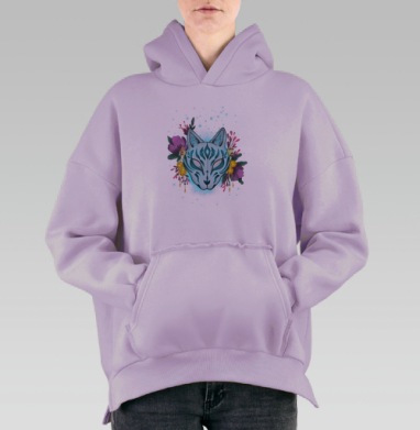Мистическая лисья маска с цветами и колокольчиками, Hoodie Oversize Fiolet, утепленная