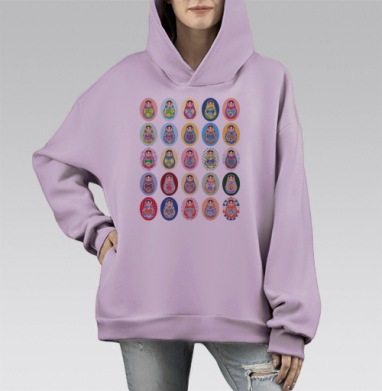 Яркие матрешки с традиционными узорами и сердцами, Hoodie Mono Fiolet, оверсайз, утепленная