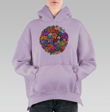 Весёлый вирус в хаотичном дудл-арт мире, Hoodie Oversize Fiolet, утепленная