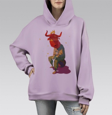 Красный бык в короне и бабочках, Hoodie Mono Fiolet, оверсайз, утепленная