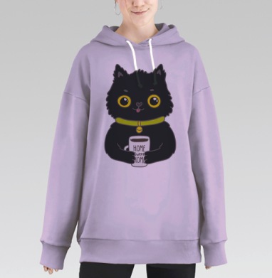Милый черный кот с кружкой «HOME SWEET HOME», Hoodie Long Oversize Fiolet