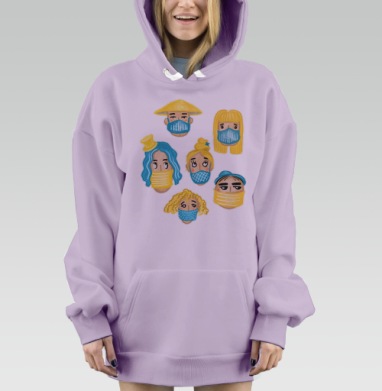 Яркий узор лиц с масками в синих и жёлтых тонах, Hoodie Mjhigh Dig Mel, Fiolet, утепленная