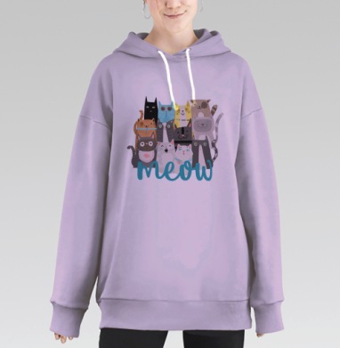 Яркий паттерн с милыми кошачьими мордами, Hoodie Long Oversize Fiolet