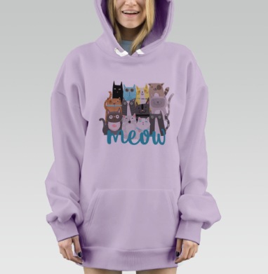 Яркий паттерн с милыми кошачьими мордами, Hoodie Mjhigh Dig Mel, Fiolet, утепленная