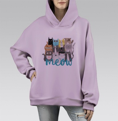 Яркий паттерн с милыми кошачьими мордами, Hoodie Mono Fiolet, оверсайз, утепленная