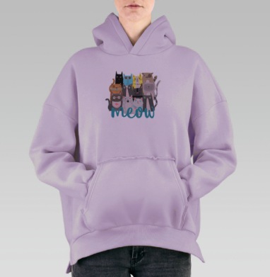 Яркий паттерн с милыми кошачьими мордами, Hoodie Oversize Fiolet, утепленная