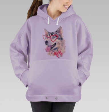 Акварельная картина Хаски в очках с бантом, Hoodie Oversize Fiolet