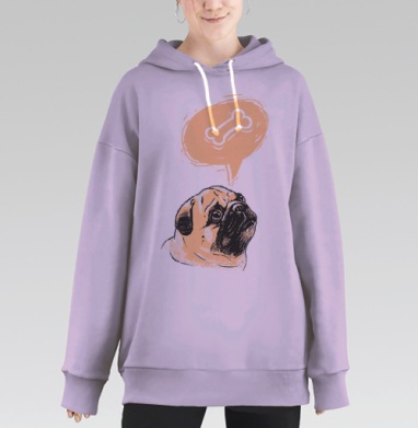 Мопс думает о кости в милом винтажном стиле, Hoodie Long Oversize Fiolet
