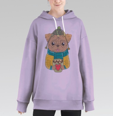 Милый мопс в уютном зимнем наряде с чашкой шоколада, Hoodie Long Oversize Fiolet