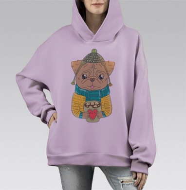 Милый мопс в уютном зимнем наряде с чашкой шоколада, Hoodie Mono Fiolet, оверсайз, утепленная