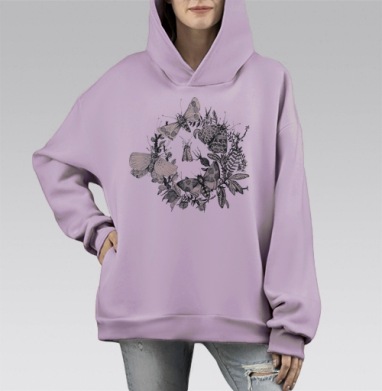 Венок из бабочек и мотыльков с листьями, Hoodie Mono Fiolet, оверсайз, утепленная