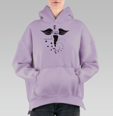 Мужчина с крыльями бегущий вперед с текстом heaven can wait®, Hoodie Oversize Fiolet, утепленная