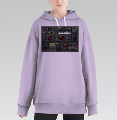 Пиксельный коллаж аудиотехники 80-90-х, Hoodie Long Oversize Fiolet