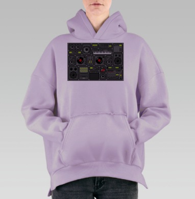 Пиксельный коллаж аудиотехники 80-90-х, Hoodie Oversize Fiolet, утепленная