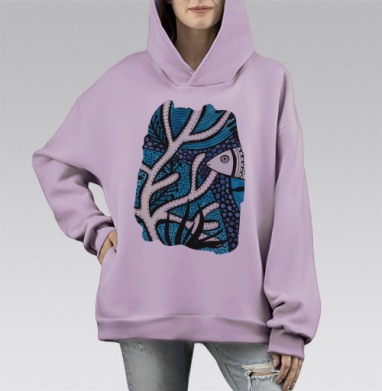 Гармония подводного мира с рыбкой и кораллами, Hoodie Mono Fiolet, оверсайз, утепленная