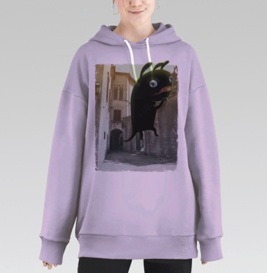 Черный мультяшный персонаж на старой стене, Hoodie Long Oversize Fiolet