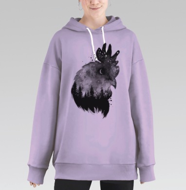 Петух ночи с лесом и звездным небом, Hoodie Long Oversize Fiolet