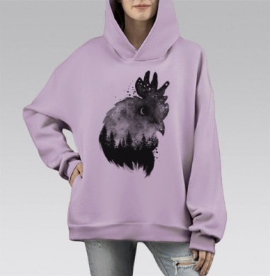Петух ночи с лесом и звездным небом, Hoodie Mono Fiolet, оверсайз, утепленная