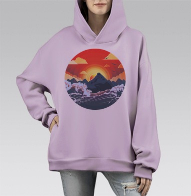 Драматический закат над морем и горами, Hoodie Mono Fiolet, оверсайз, утепленная