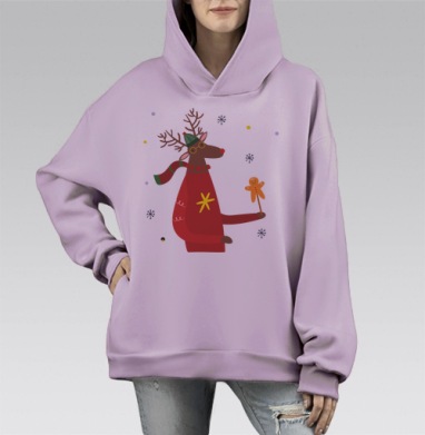 Милый рождественский олень в свитере и очках, Hoodie Mono Fiolet, оверсайз, утепленная