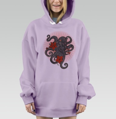 Стилизованный осьминог с красными цветами и сиянием, Hoodie Mjhigh Dig Mel, Fiolet, утепленная