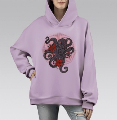Стилизованный осьминог с красными цветами и сиянием, Hoodie Mono Fiolet, оверсайз, утепленная
