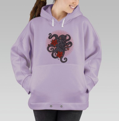 Стилизованный осьминог с красными цветами и сиянием, Hoodie Oversize Fiolet