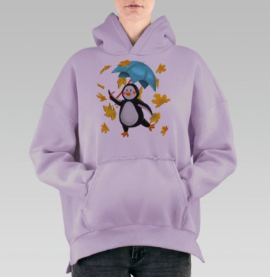 Милый пингвин с зонтом в осеннем листопаде, Hoodie Oversize Fiolet, утепленная