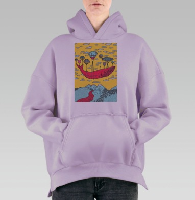 Розовый кит на воздушных шарах в волшебном небе, Hoodie Oversize Fiolet, утепленная