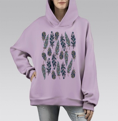 Бесшовный узор с этническими перьями в бохо стиле, Hoodie Mono Fiolet, оверсайз, утепленная