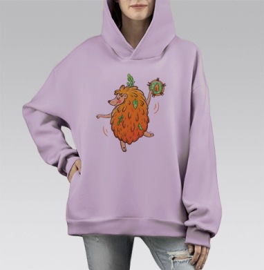Весёлый ёжик в оранжевой шубке с листьями, Hoodie Mono Fiolet, оверсайз, утепленная