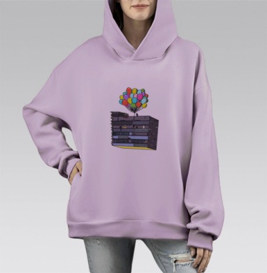 Взлетающее здание с яркими шарами мечты, Hoodie Mono Fiolet, оверсайз, утепленная