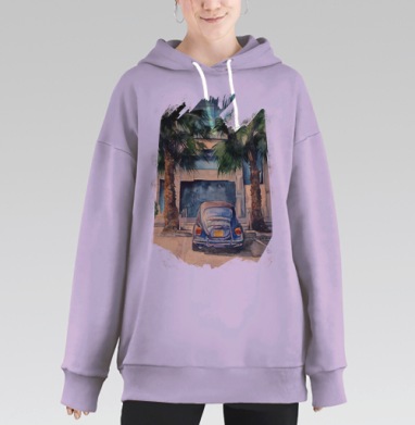 Городская сцена с синим Фольксваген Жуком, Hoodie Long Oversize Fiolet