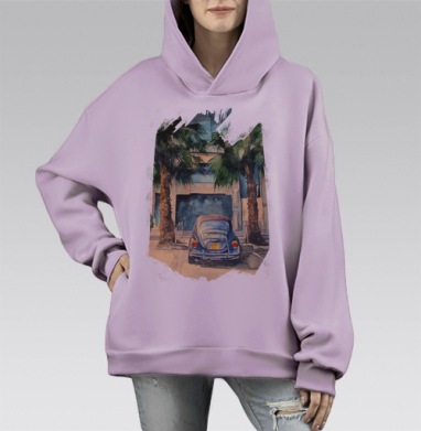 Городская сцена с синим Фольксваген Жуком, Hoodie Mono Fiolet, оверсайз, утепленная