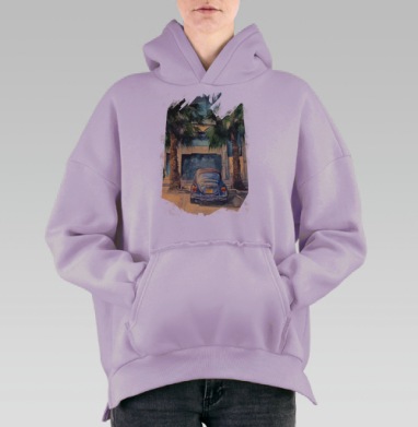 Городская сцена с синим Фольксваген Жуком, Hoodie Oversize Fiolet, утепленная