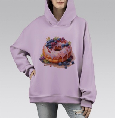 Пышный пончик с ягодной короной и розовой глазурью, Hoodie Mono Fiolet, оверсайз, утепленная
