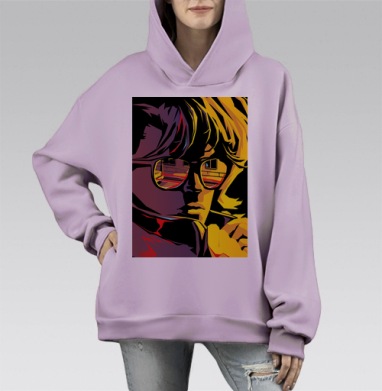 Поп арт портрет с загадочным взглядом сквозь солнцезащитные очки, Hoodie Mono Fiolet, оверсайз, утепленная