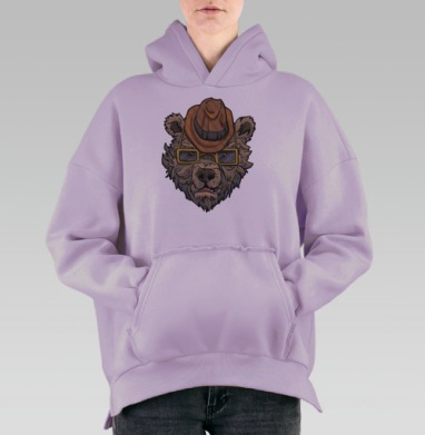 Стильный медведь в шляпе и очках — яркий арт, Hoodie Oversize Fiolet, утепленная