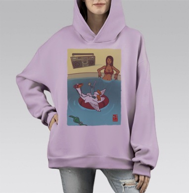 Юмористическое летнее настроение: отдых гуся у бассейна, Hoodie Mono Fiolet, оверсайз, утепленная