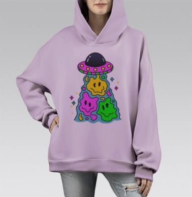 Яркая мультяшная летающая тарелка с улыбками, Hoodie Mono Fiolet, оверсайз, утепленная