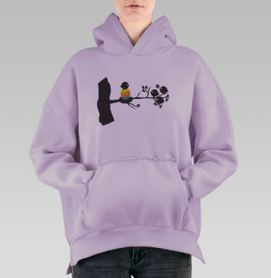 Птицы на ветке в гнезде с ярким яйцом удивление недоумение, Hoodie Oversize Fiolet, утепленная