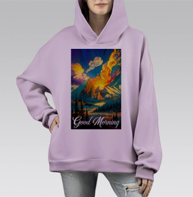 Рассветные горы с извержением вулкана Доброе утро, Hoodie Mono Fiolet, оверсайз, утепленная