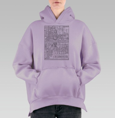 Сюрреалистичная картина «Рыбий дом» — абсурд повседневности, Hoodie Oversize Fiolet, утепленная