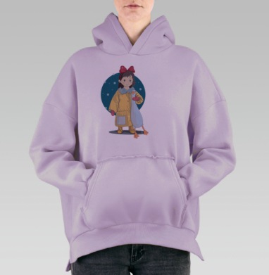 Зимняя иллюстрация с девочкой и длинным белым гусем, Hoodie Oversize Fiolet, утепленная